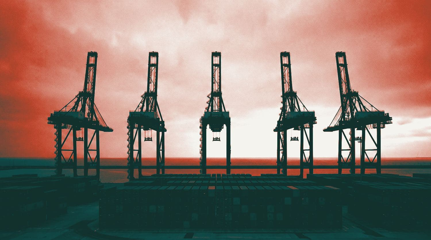 Ship-to-shore gantry cranes over a container terminal, printed as a two-ink duotone